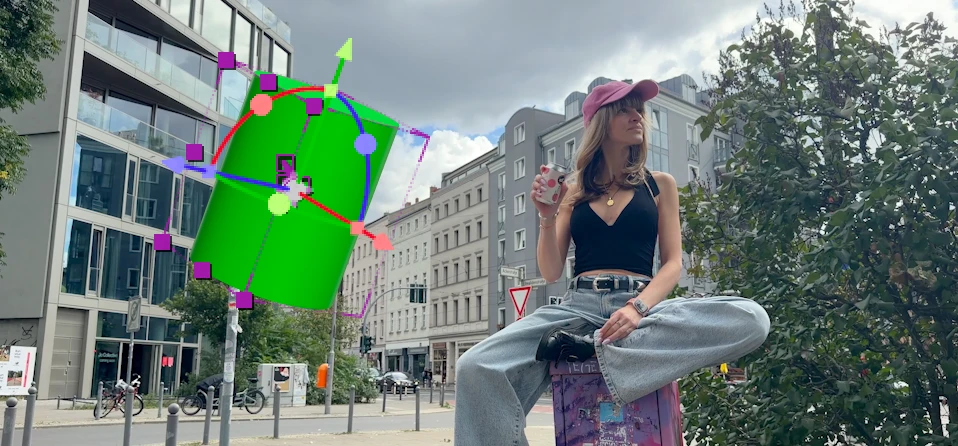 Original shot with an animated 3D placeholder, the object reference images, and the final AI video output with the can