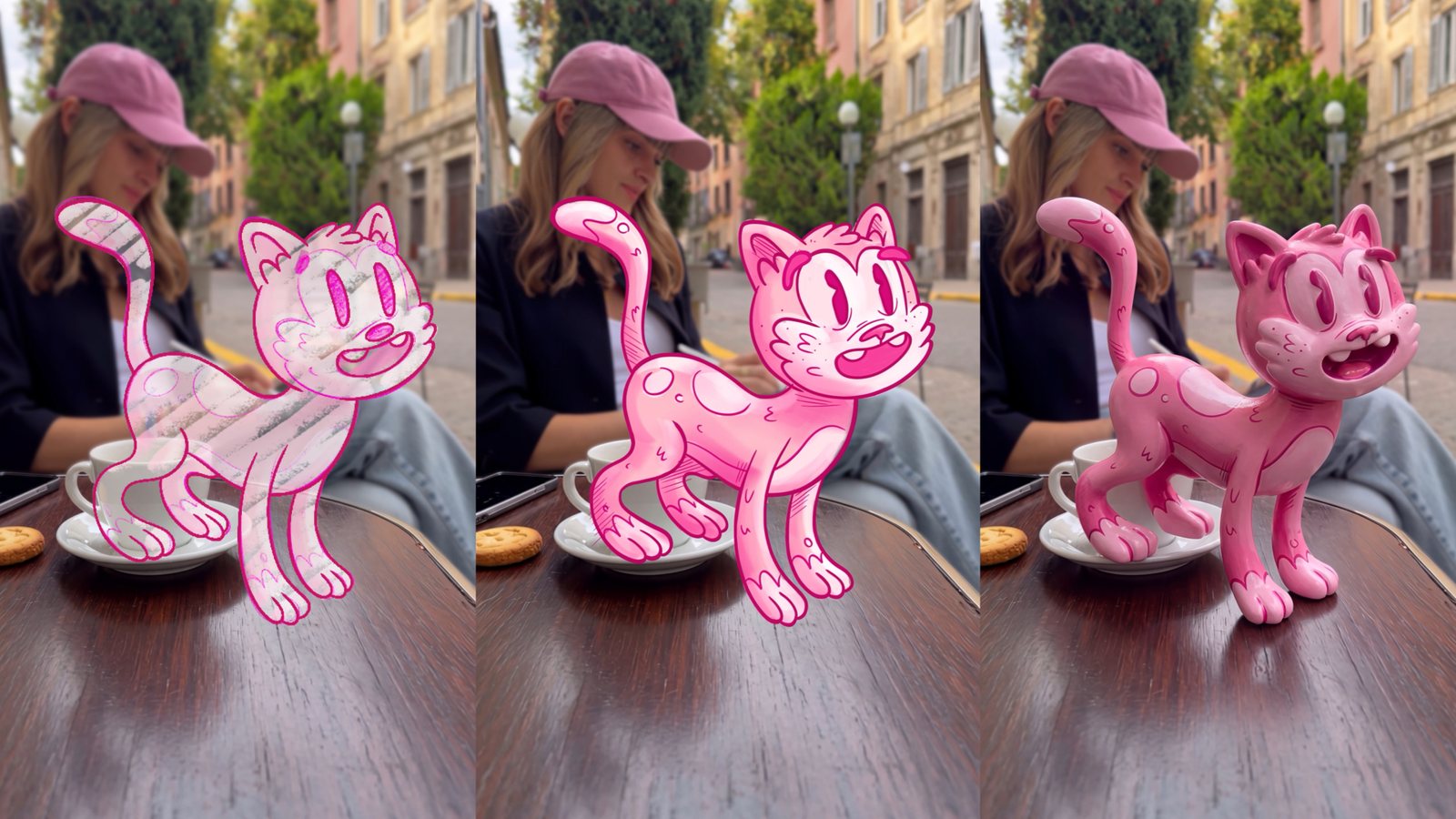 Three stages of the same café photo: a pink cat sketch drawn on the table, the colored drawing, and the cat as a glossy 3D figure standing on the table