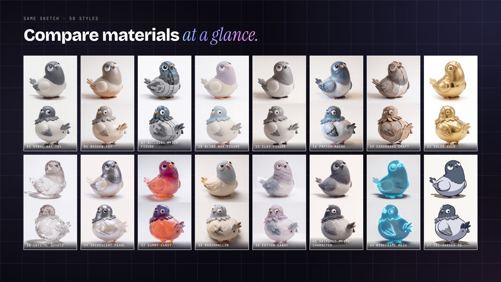 16 of the 50 sketch-to-3D styles applied to the same pigeon sketch: vinyl, plush, brick, clay, glass, chrome, gummy, neon and more