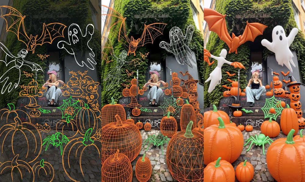 Real footage covered in 3D wireframe Halloween decorations: pumpkins, ghosts and bats